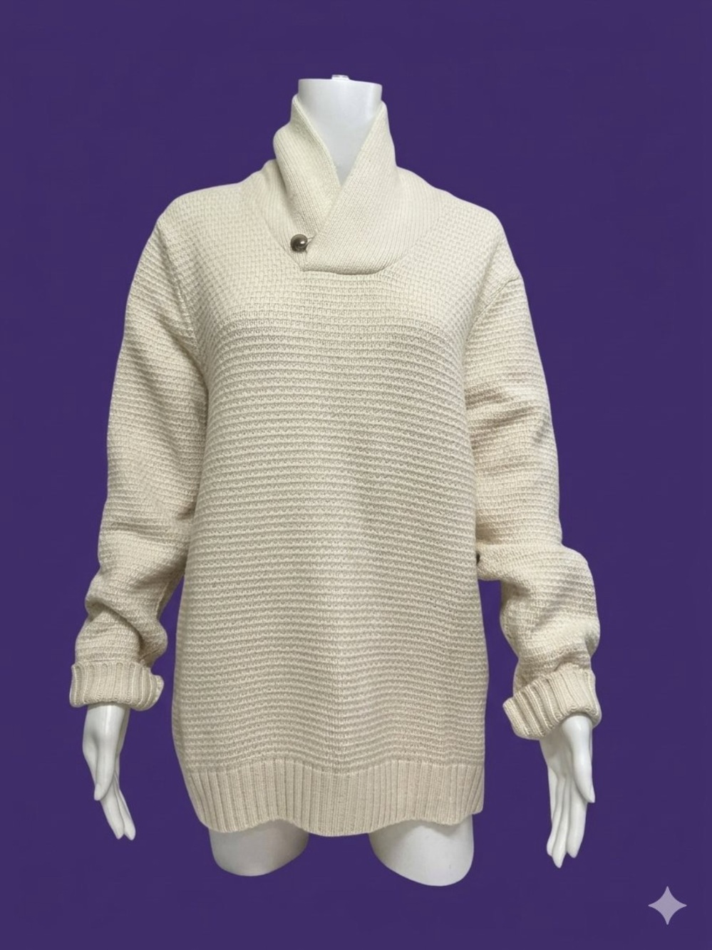 Old Navy Shawl Collar Knit Cream Ivory Waffle Wool Blend Pullover Sweater Size L